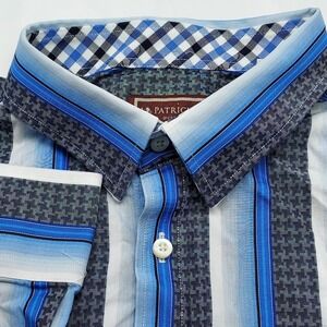 Patrick James West Coast Classic Blue Striped Checkered Cotton Mens Shirt Large